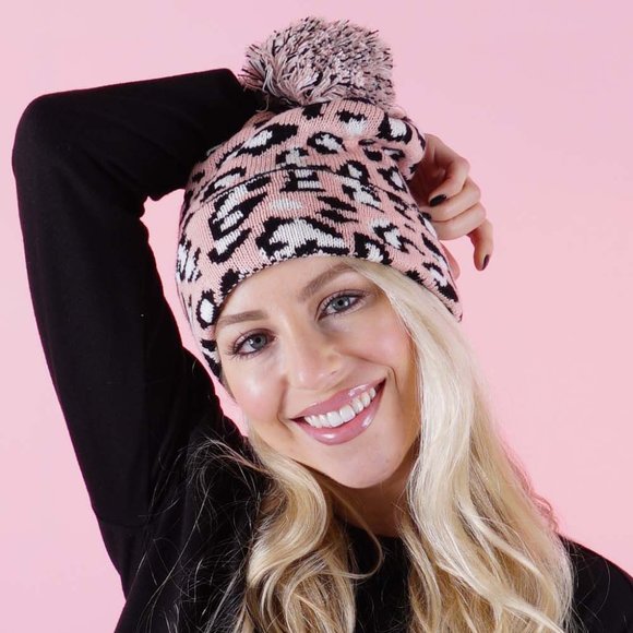 Blush & Belle Accessories - LEONA Pink Leopard Pom Pom Beanie